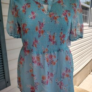 CURE XL Blue Floral Smocked Semi-Sheer Round V-notched Neck Lightweight Blouse